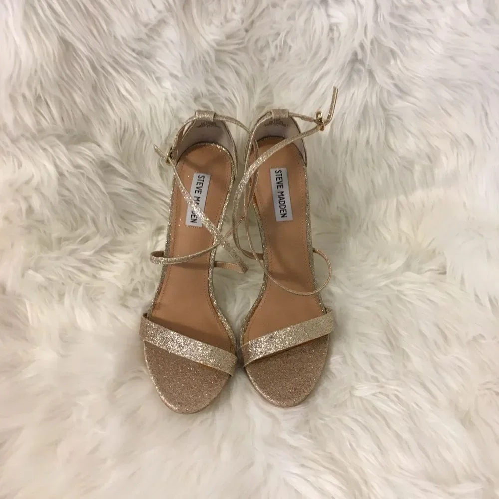 Steve Madden Women's Gold Glitter Feliz Strappy Open Toe Heeled SandalsSize 9.5M